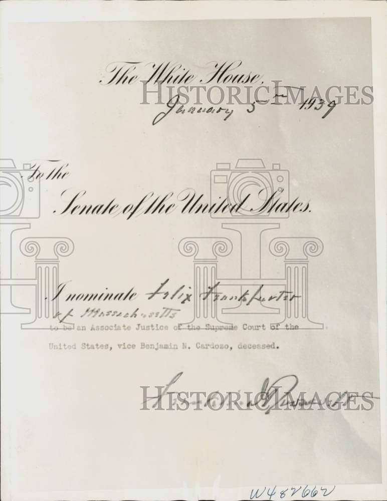 1939 Press Photo President Roosevelt's nomination of Felix Frankfurter letter.