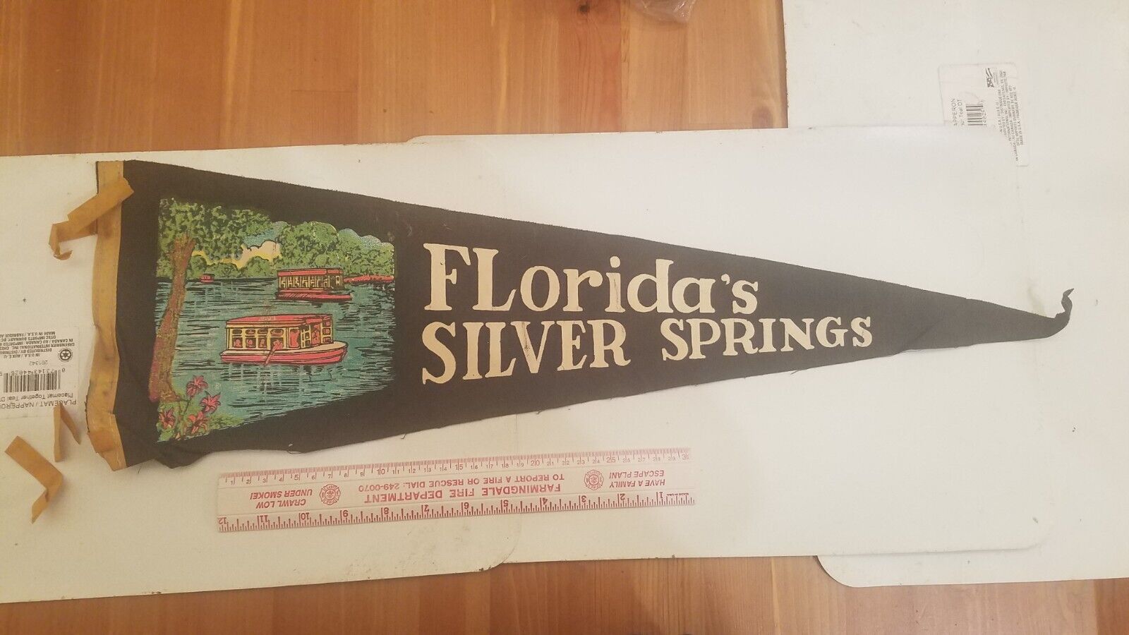 Vintage Florida’s Silver Springs Souvenir Felt Pennant Banner 26”, Boat Motif
