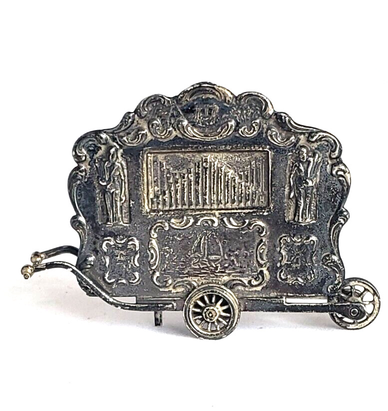 Organ Grinder Figurine Moveable Wheels Crank Vintage Silverplate  4874