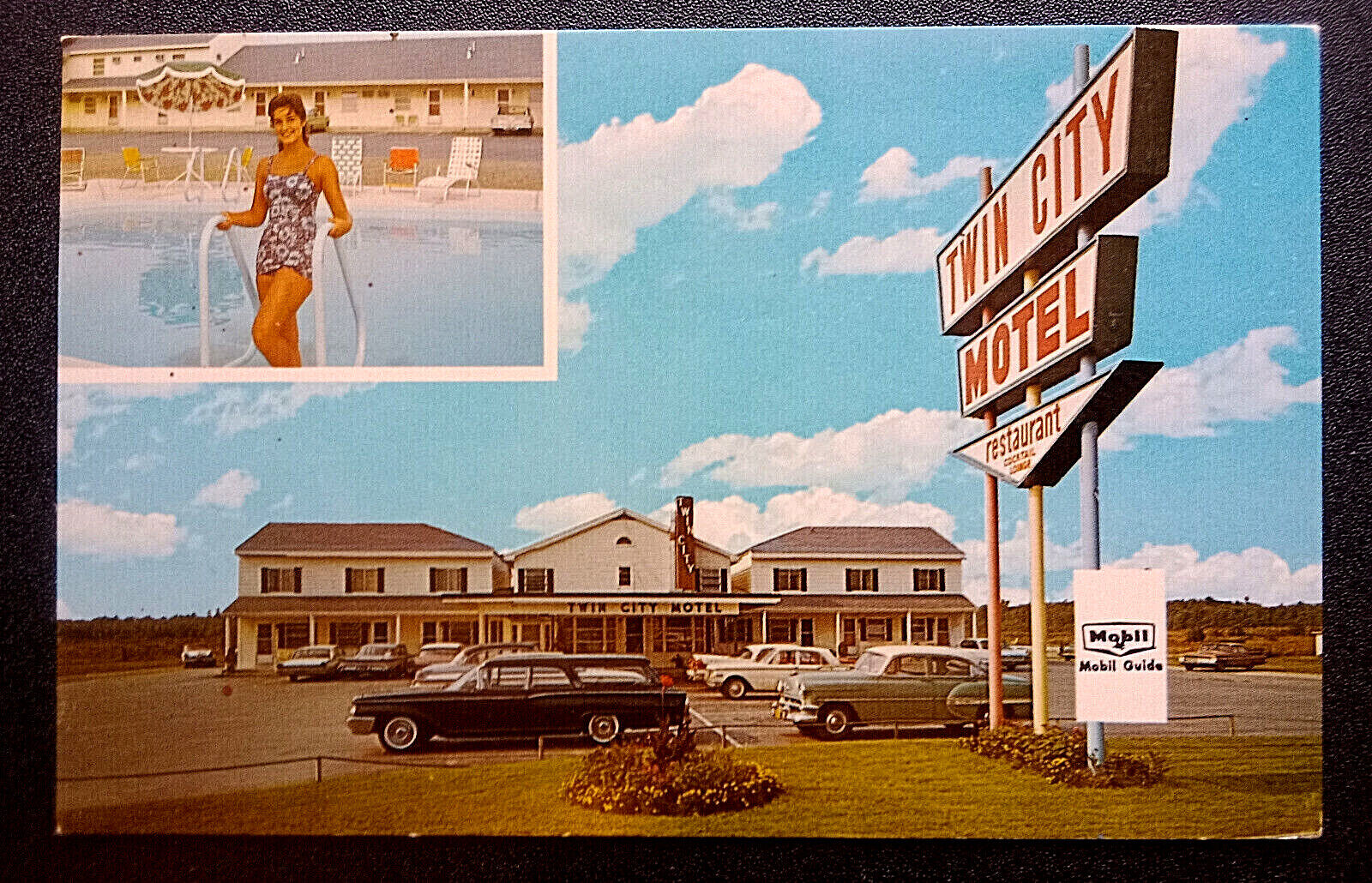 Brewer ME postcard :  Twin City Motel Restaurant 1960s roadside sign Mobile Gas 