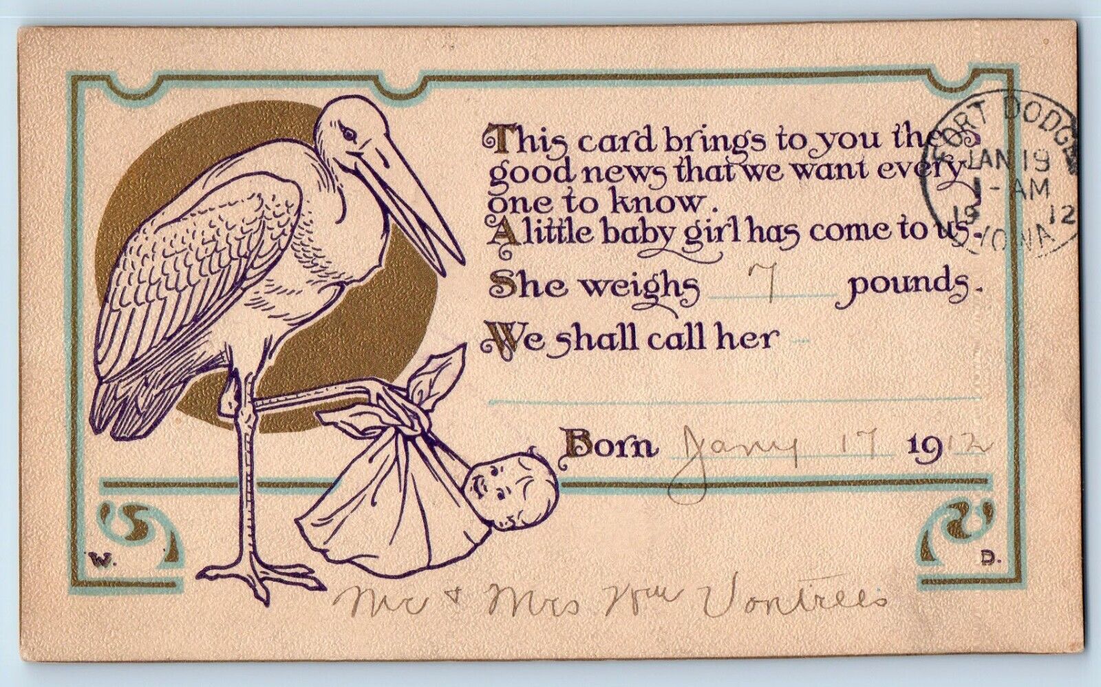 Lohrville Iowa IA  Postcard Stork Delivering Baby Girl Arts Crafts 1912 Antique