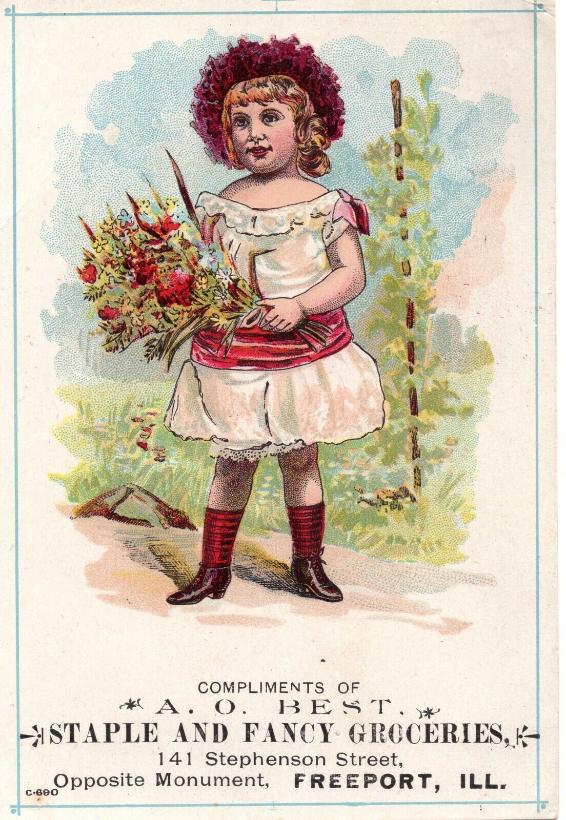 Victorian Trade Card A.O. Best Freeport IL Illinois Staple and Fancy Groceries