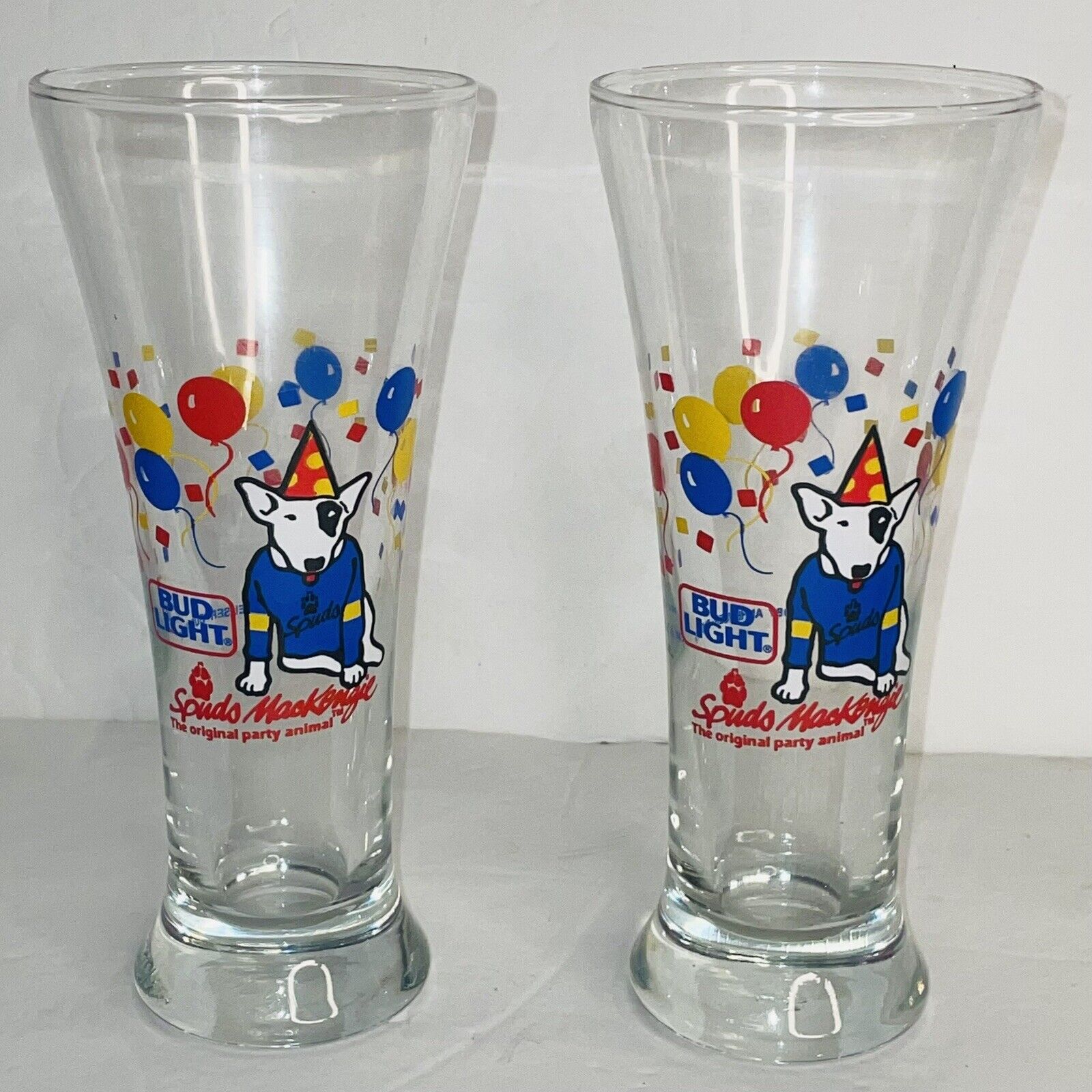 Vintage Pair Of 1987 Bud Light Spuds MacKenzie Party Animal Pilsner Beer Glasses