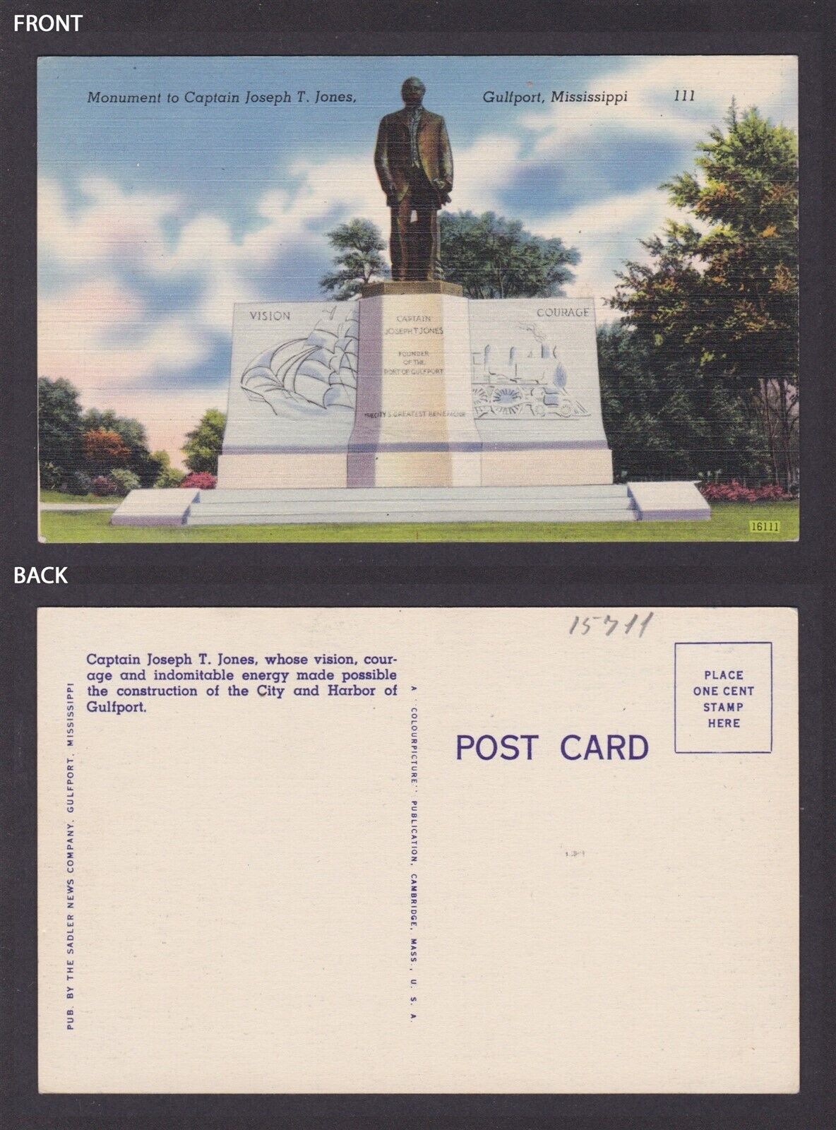 Postcard, United States, Gulfport MS, Monument to Captain Joseph T. Jones