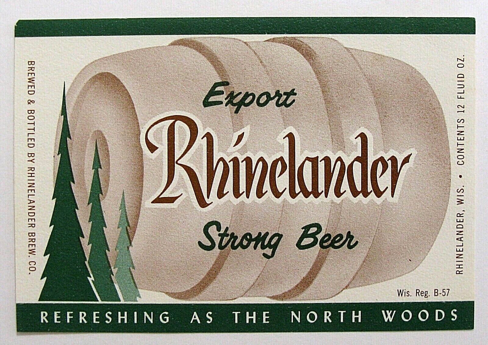 Rhinelander Brewing RHINELANDER EXPORT STRONG BEER paper beer label WI 12 oz