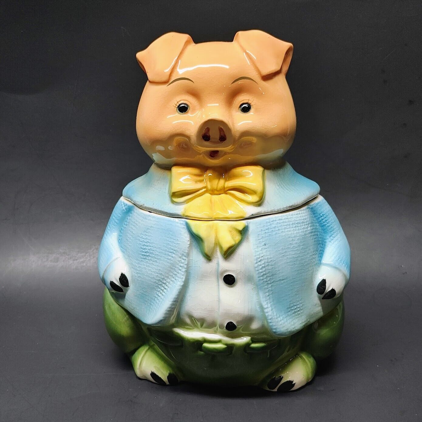 Unique Vintage pig cookie jar,  Blue Jacket with Yellow bow Tie