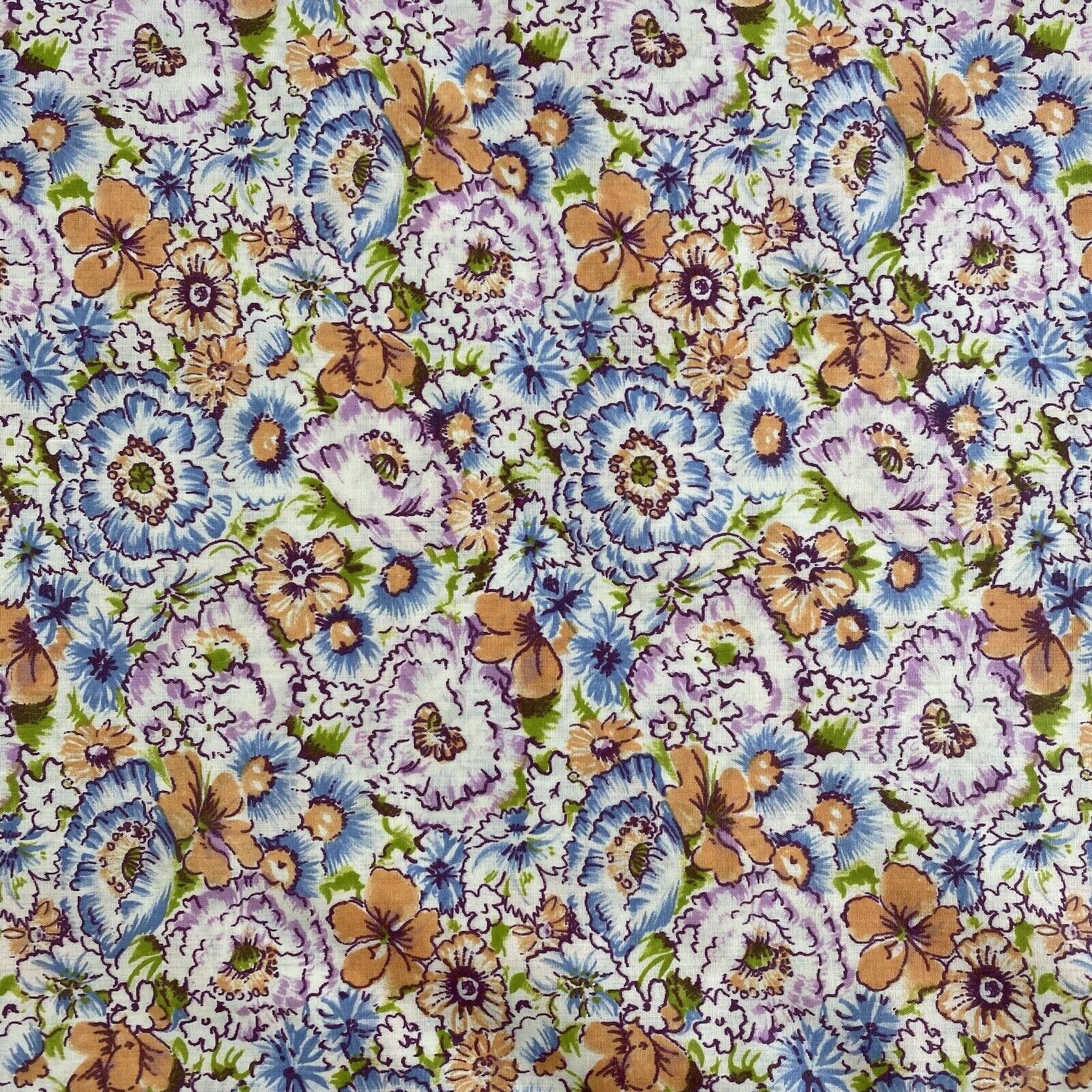 Vintage FABRIC FLORAL Muted Peach Blue Lavender Green Flower Power 44\