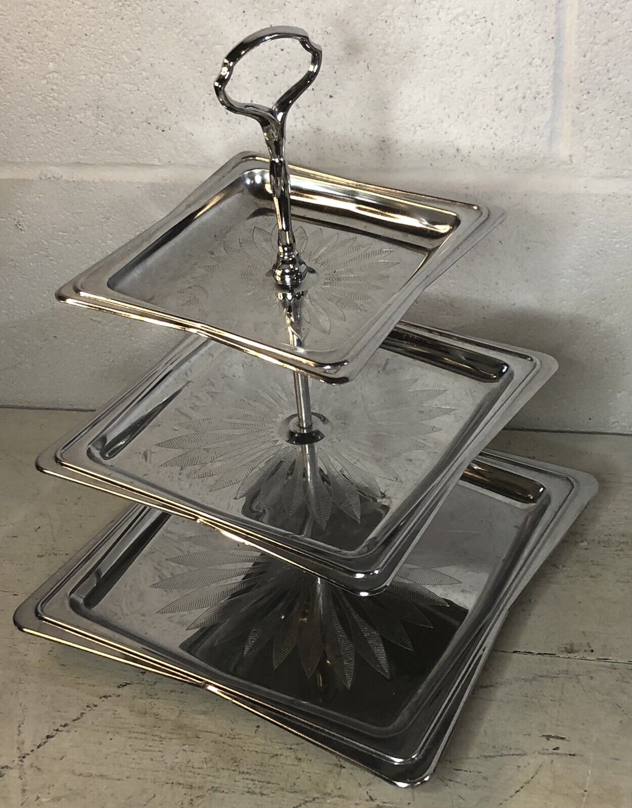 Vintage Retro MCM Chrome 3 Tier Orderve Tray Server Square With Etched Design