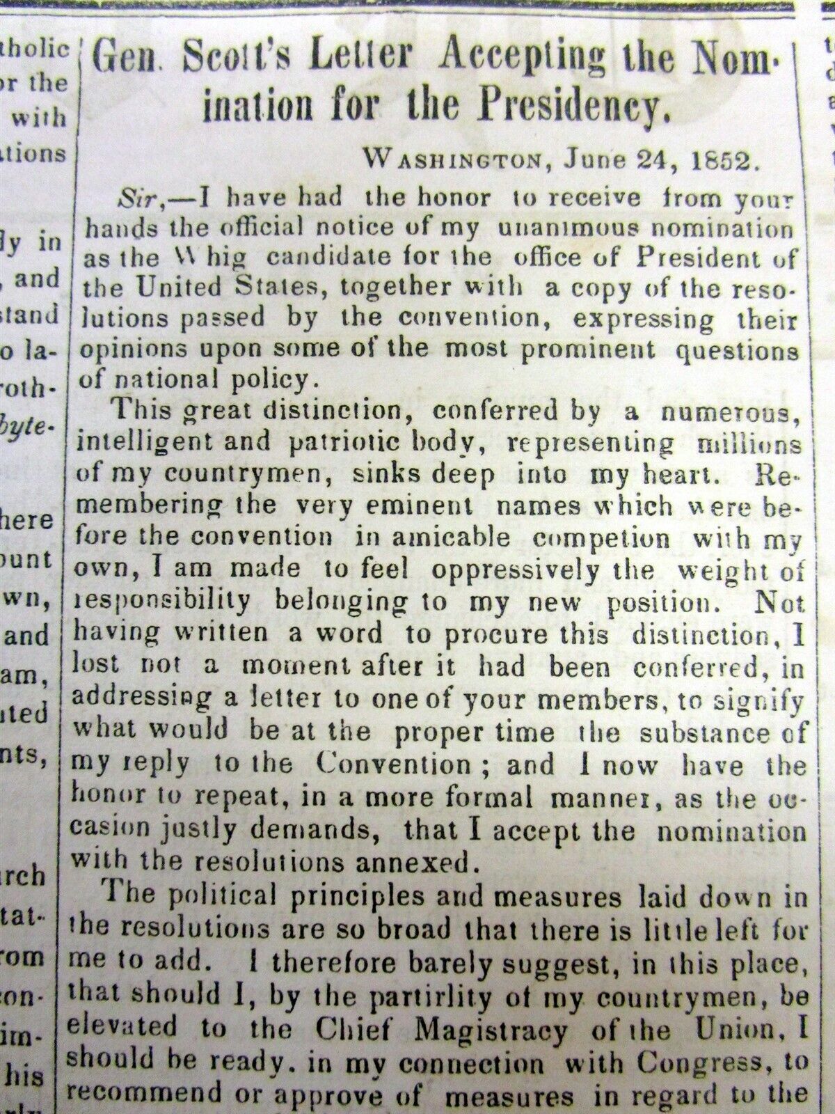 1852 newspaper WHIG PARTY NOMINATES WINFIELD SCOTT as Candidate for US PRESIDENT