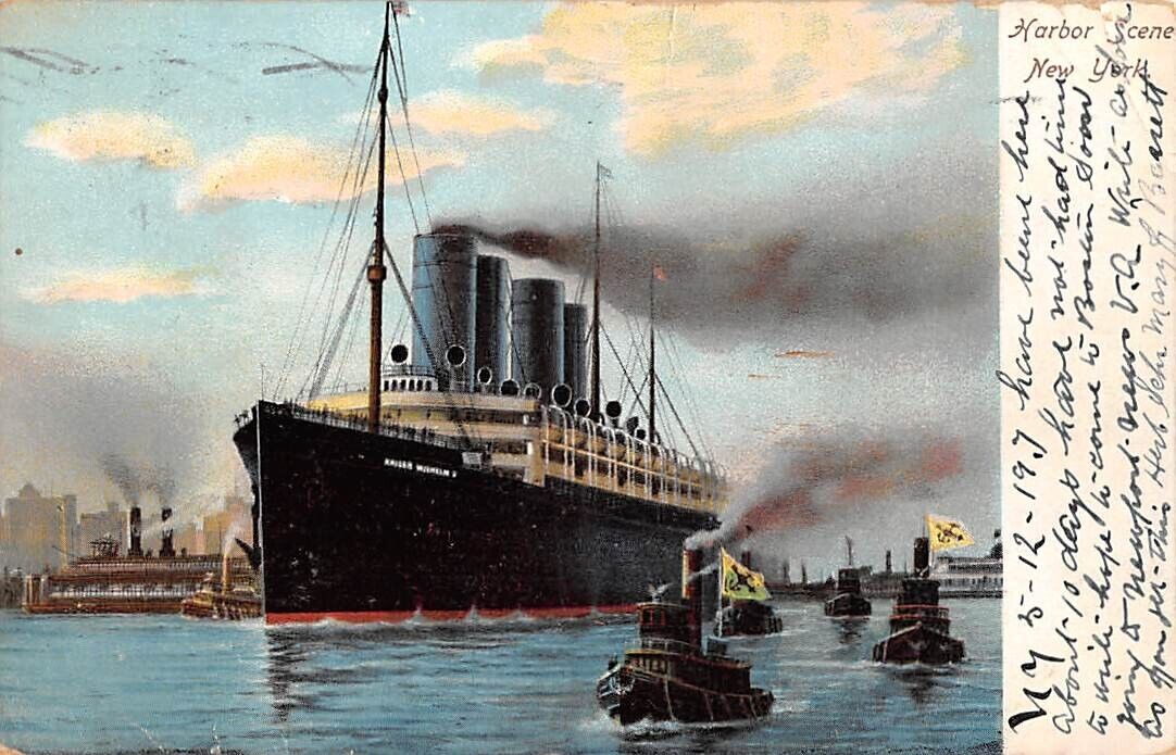 SS KAISER WILHELM II IN NYC HARBOR ~ NORD-DEUTSCHER LLOYD SHIP LINE ~ used 1907