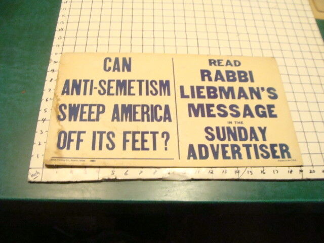 Original 1960\'s trolley or subway poster CAN ANTI-SEMETISM SWEEP AMERICA liebman