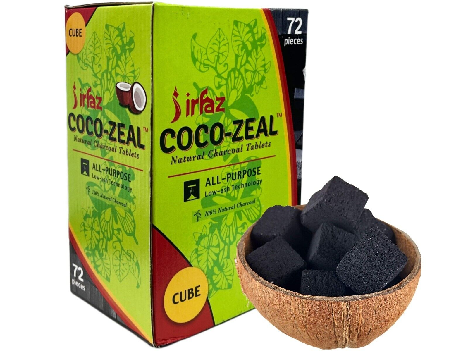 Irfaz Coco-Zeal Natural Coconut Shell Charcoals 72 Cubes Afzal Hookah Retail Pkg