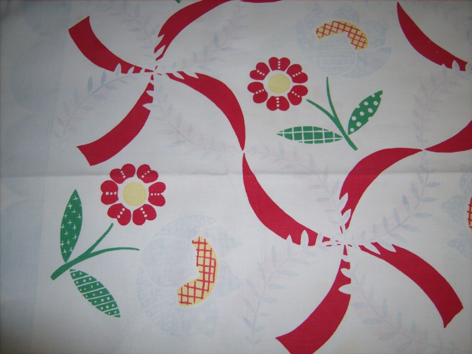 VTG Cotton Linen Tablecloth 52” X 48” 1940’s MCM Red Yellow Green Floral Kitschy