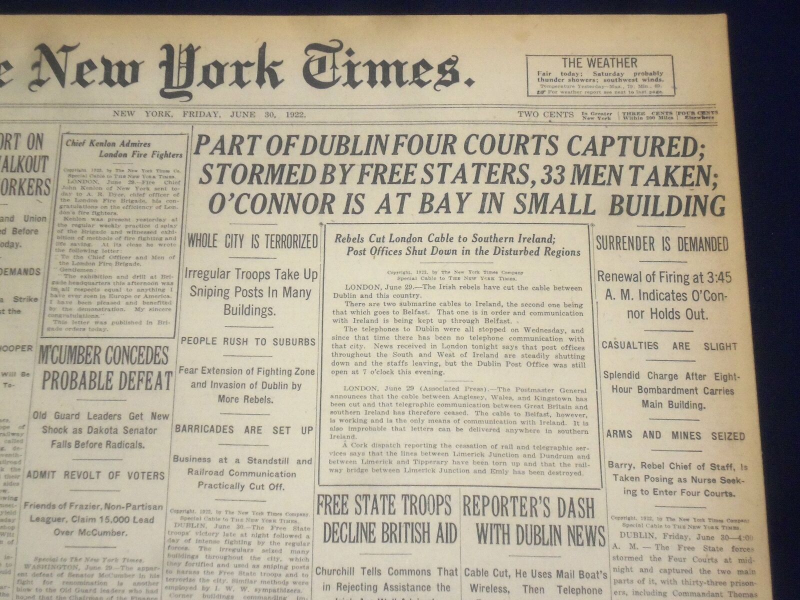1922 JUNE 30 NEW YORK TIMES - PART OF DUBLIN FOUR COURTS CAPTURED - NT 8403