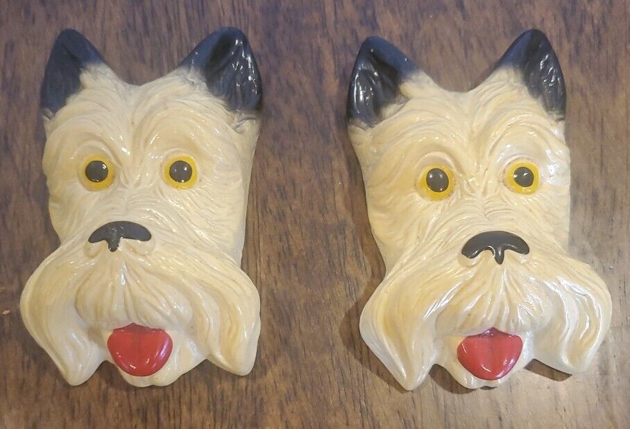 Vintage Scottie Dog Chalkware Wall Hangings Head/Face Scottish Terrier Set Of 2