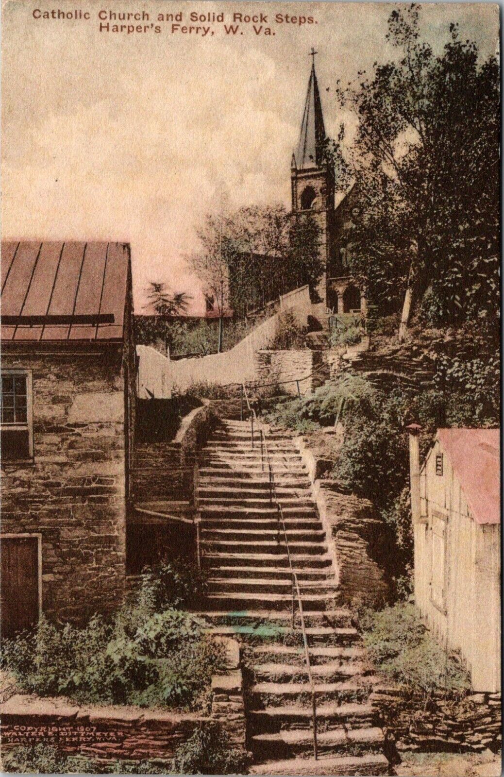 Harper\'s Ferry, WV Catholic Church & Solid Rock Steps 1924 Antique Postcard J183