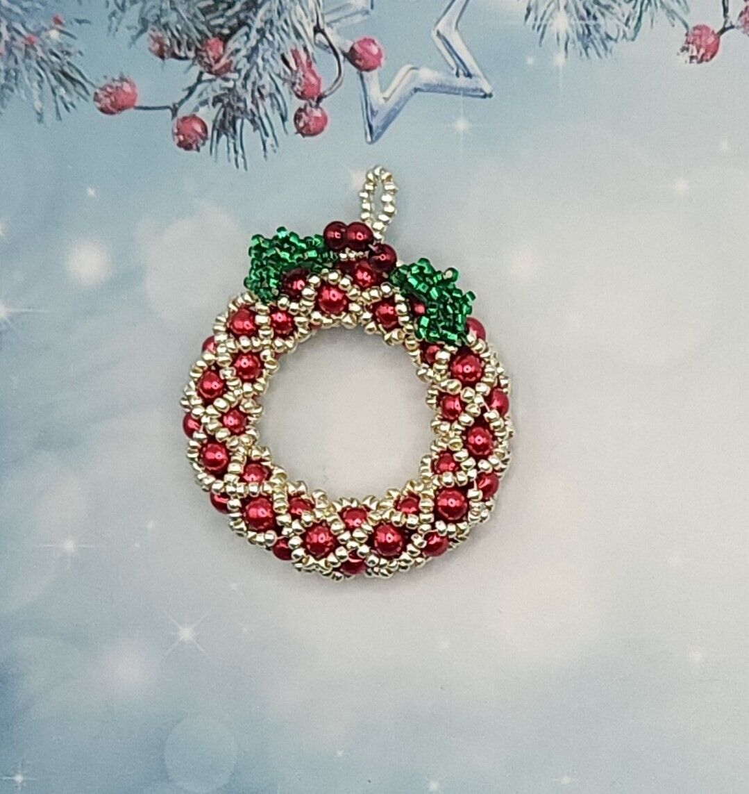 Mini Wreath 3D Christmas Ornament Handmade Beaded Red with Silver