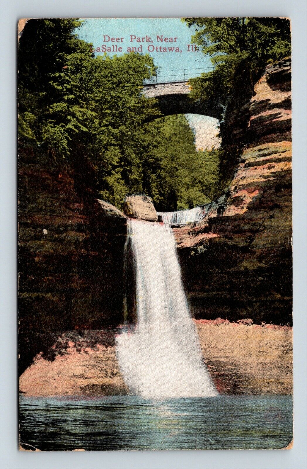 LaSalle Ottowa IL, Scenic Deer Park Falls, Bridge, Illinois Vintage Postcard