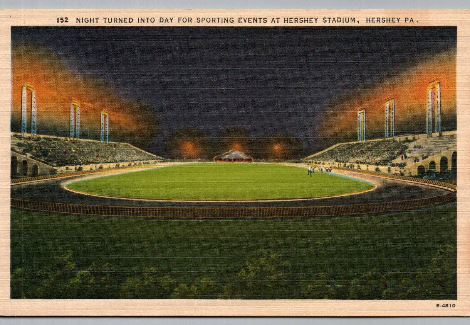 Hershey PA Stadium Night View Pennsylvania Linen Postcard Chocolate Bowl