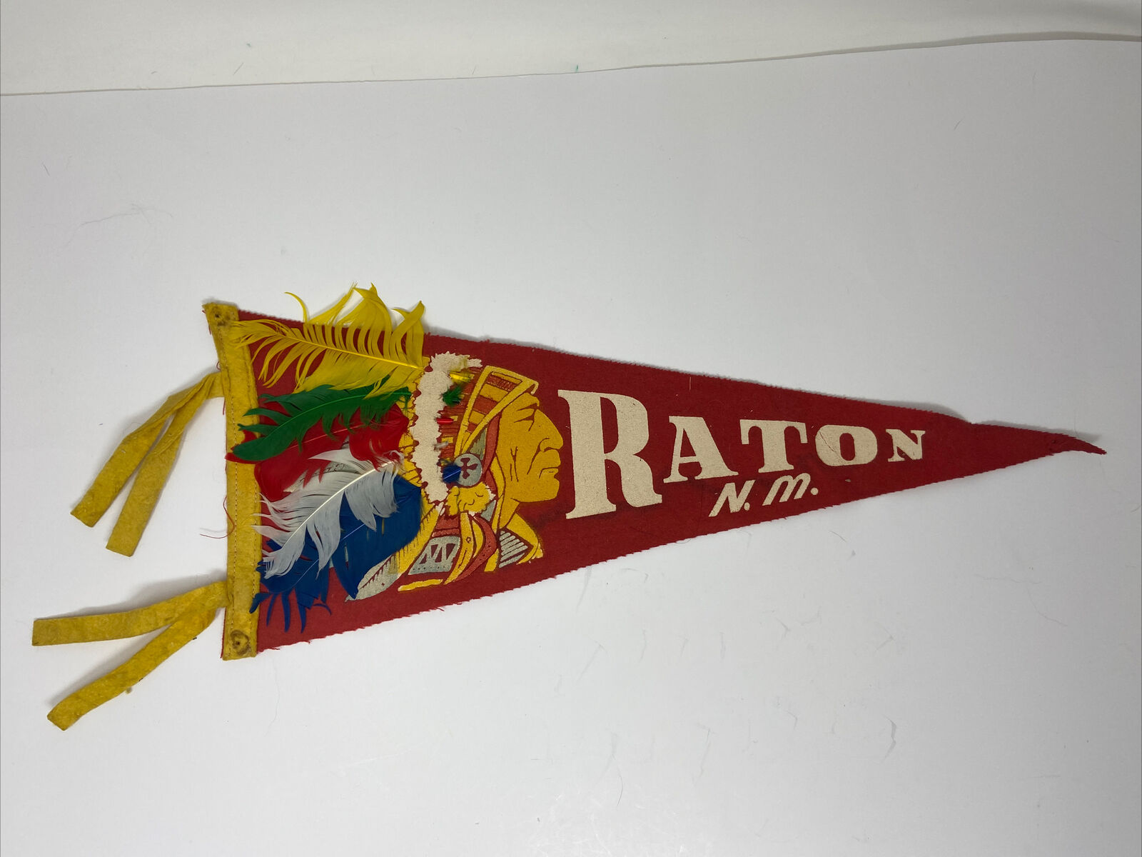 Raton NM New Mexico Chief Native American Head Feathers Felt Vintage Pennant