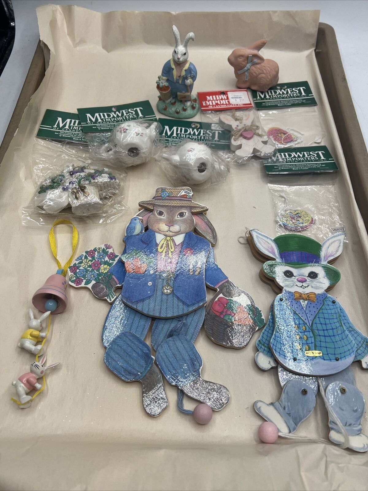 Midwest By Cannon Falls Easter Lot Ornaments Bunny Wood Pull String Figure Vtg