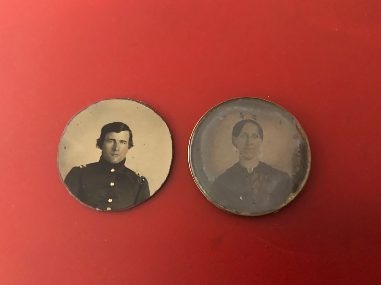 Civil War soldier & wife round tintype photographs
