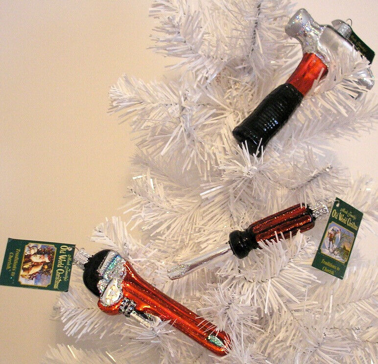 TOOLS - HAMMER, SCREWDRIVER, WRENCH - OLD WORLD CHRISTMAS BLOWN GLASS ORNAMENTS