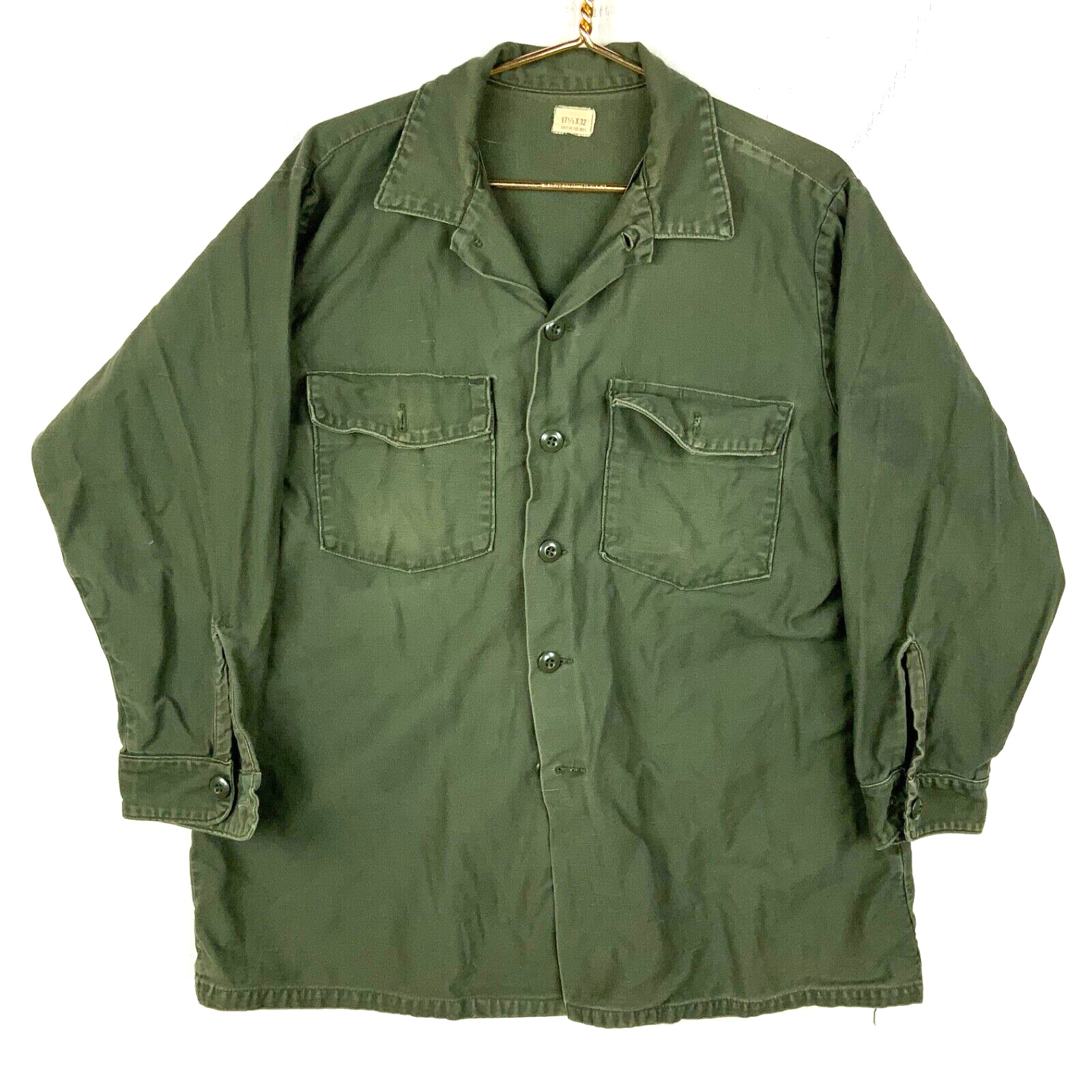 Vintage Us Army Og-107 Button Up Shirt Size 17.5x32 Green 1975 Vietnam Era 70s