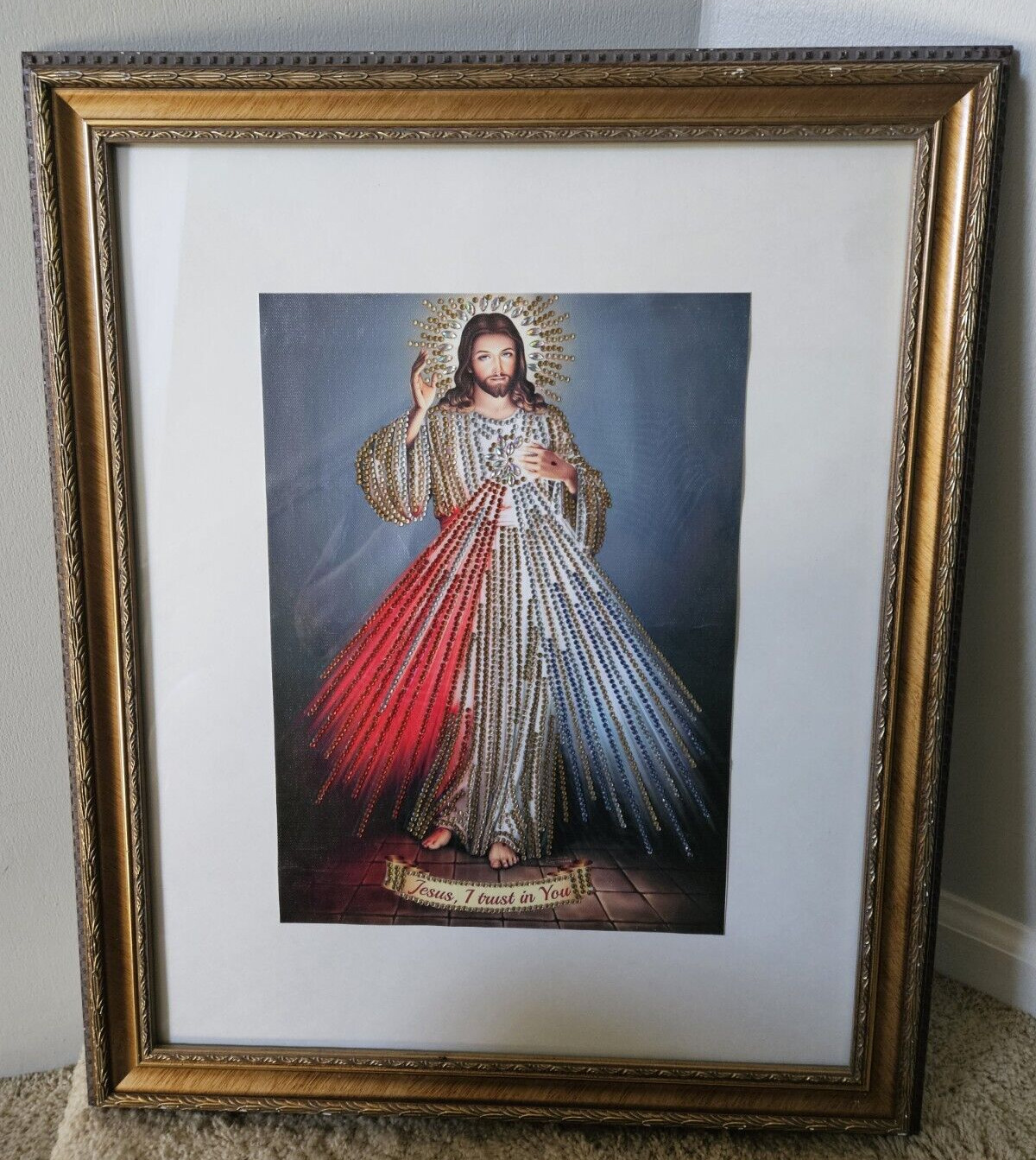 Print Picture Framed Devine Mercy, Religious Image Jesus, I Trust,in You, Beads