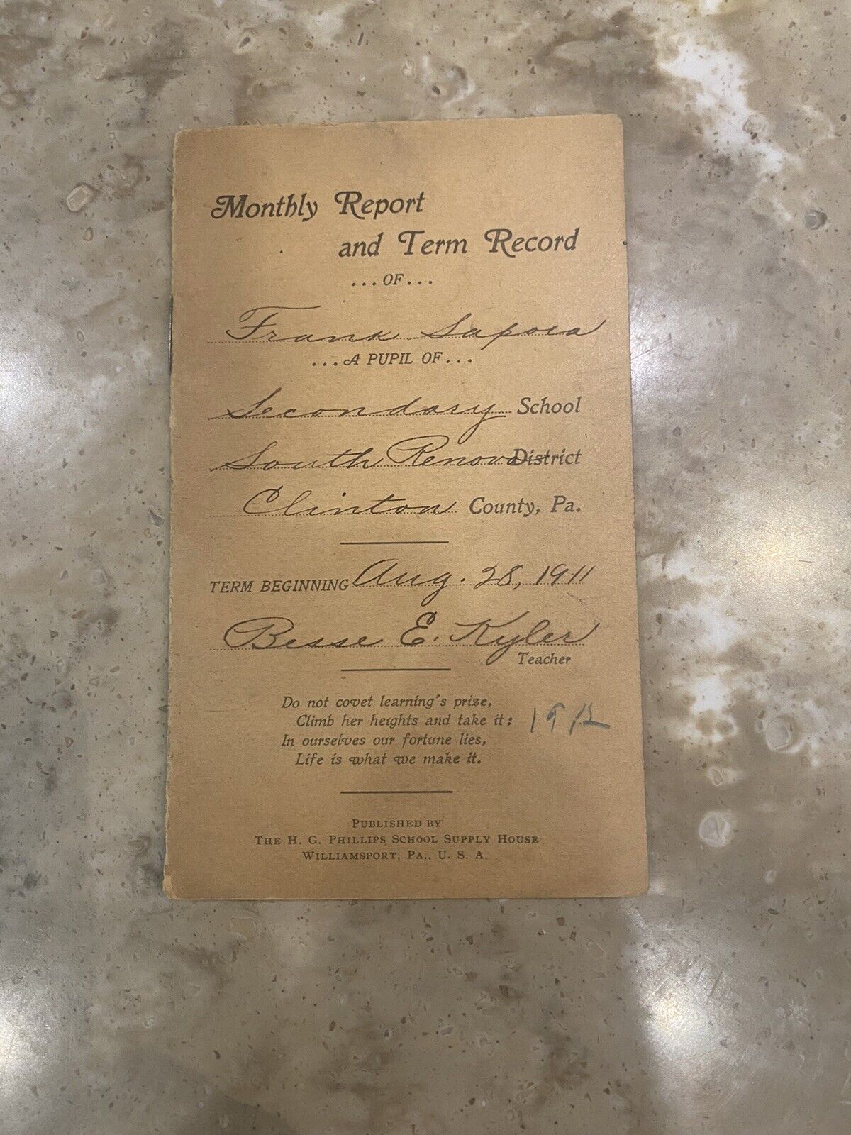 Clinton County, Pa. 1911 Monthly report card Secondary School