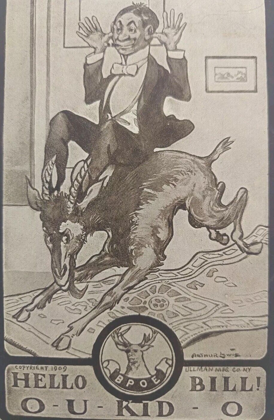 BPOE Elks Club Lodge Comic Greeting Hello Bill Riding Goat 1909 A Lewis Ullman