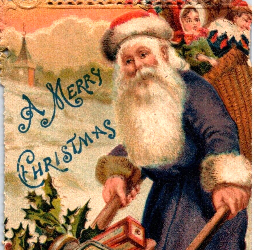1908 Blue Robe Santa Christmas Postcard Wheelbarrow of Toys Die-Cut Edges