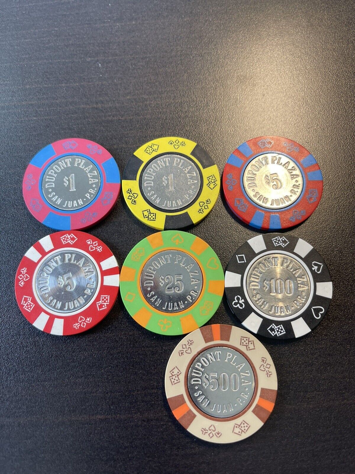 (7) Dupont Plaza San Juan Puerto Rico Casino Chips $1,$5,$25,$100,$500