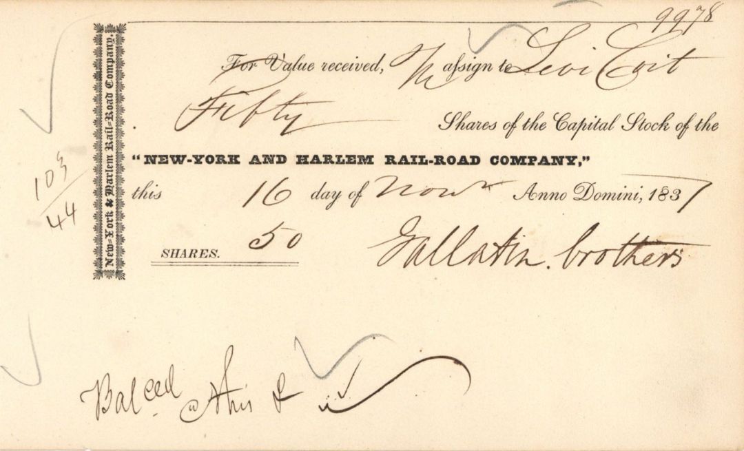 New-York and Harlem Rail-Road Co. signed by Gallatin Brothers - 1837-1839 dated 