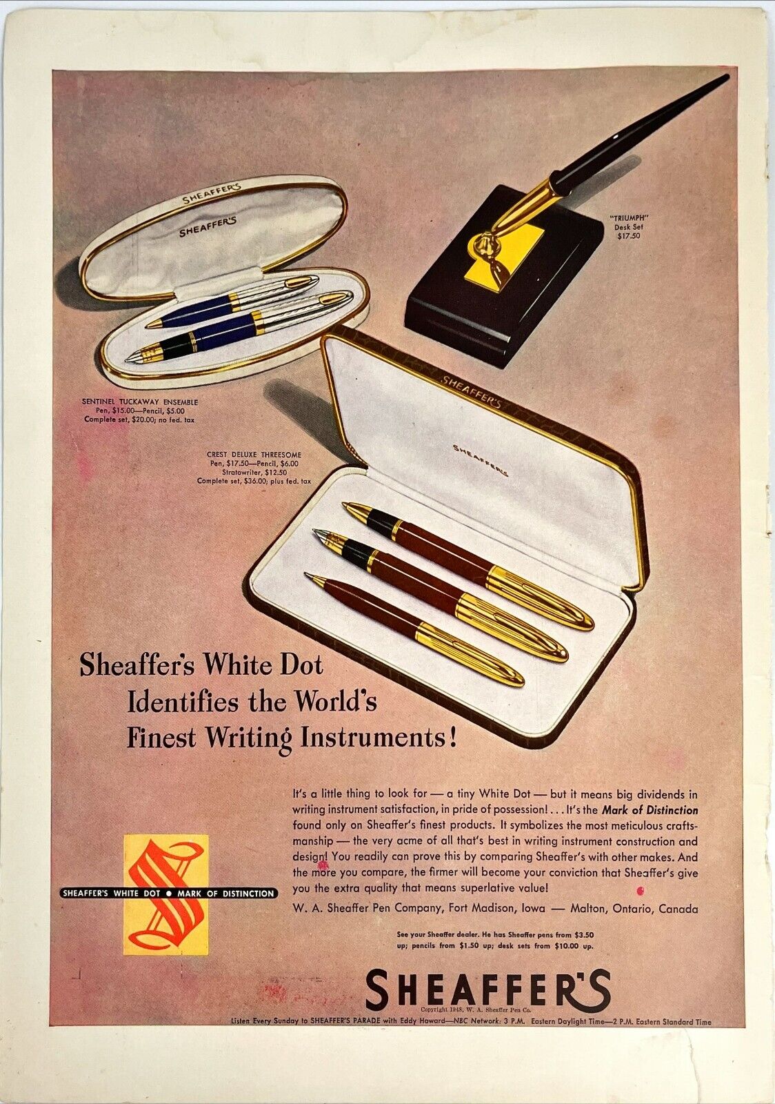 Sheaffer's Pen Pencil Set Sentinel Stratowriter Crest Vtg Magazine Print Ad 1948