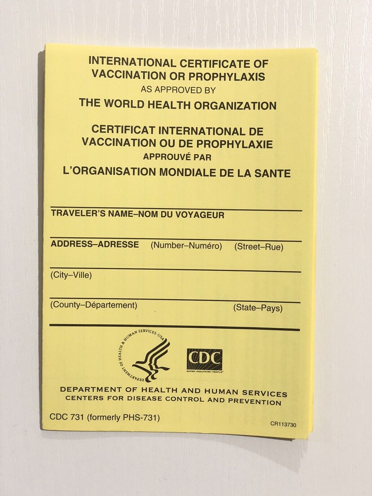 International Certificate of Vaccination or Prophylaxis Card