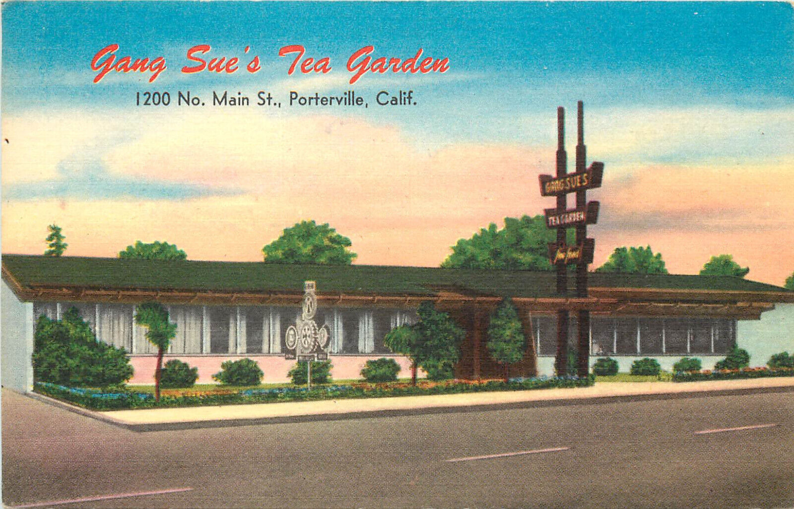 Linen Postcard Gang Sue\'s Tea Garden Chinese Restaurant Porterville CA Exterior