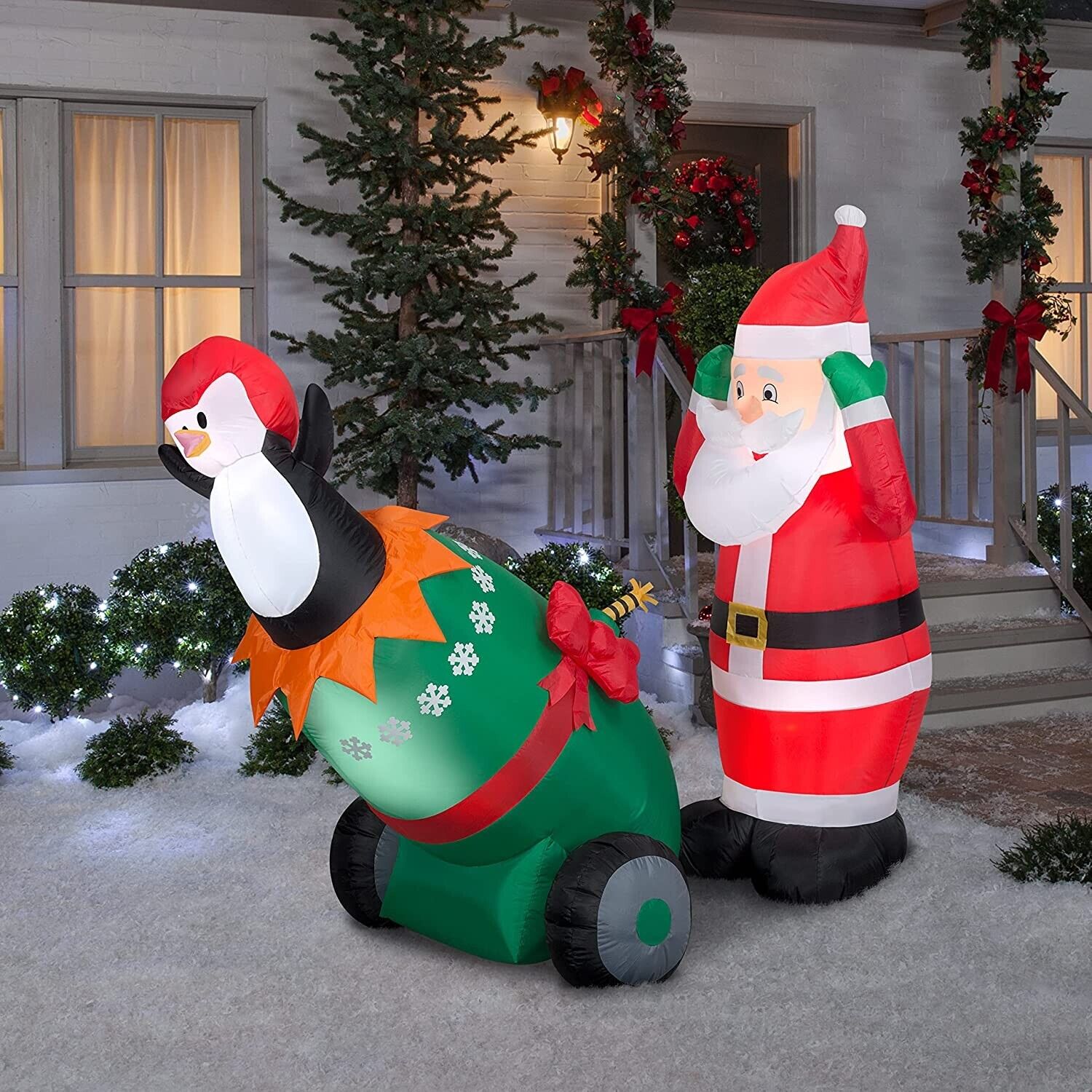 5' Airblown Inflatable Santa and Penguin Cannon Scene Christmas Inflatable Decor