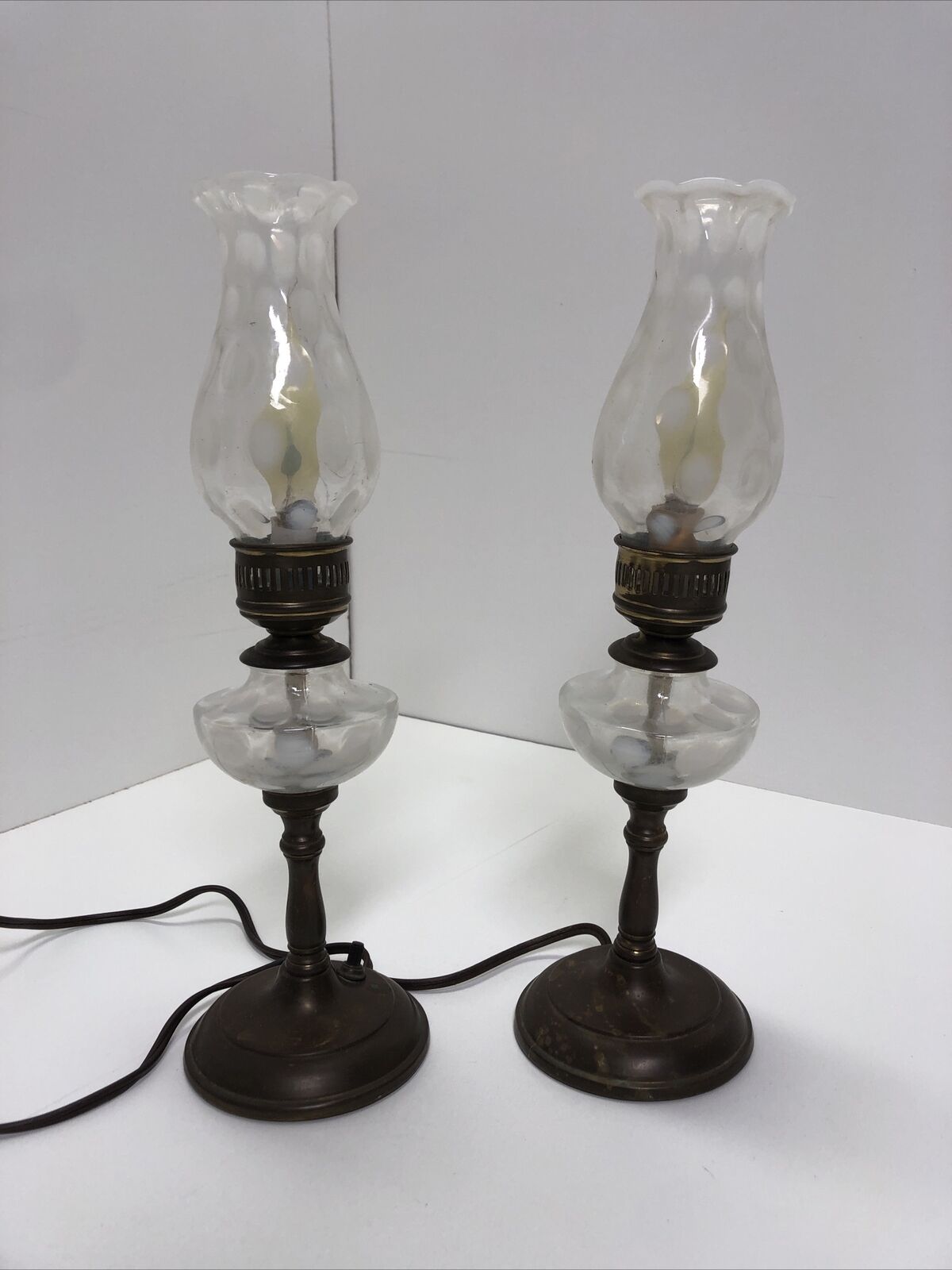 Pair Old Fenton Glass French Opalescent White Coin Dot Boudoir Lamp Vintage Work