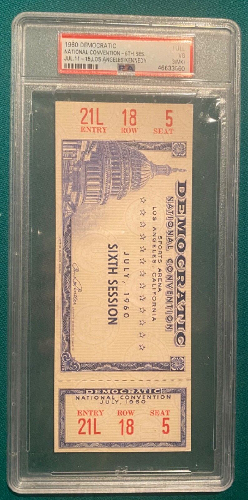 PSA graded 1960 Democratic National Convention 6th session ticket