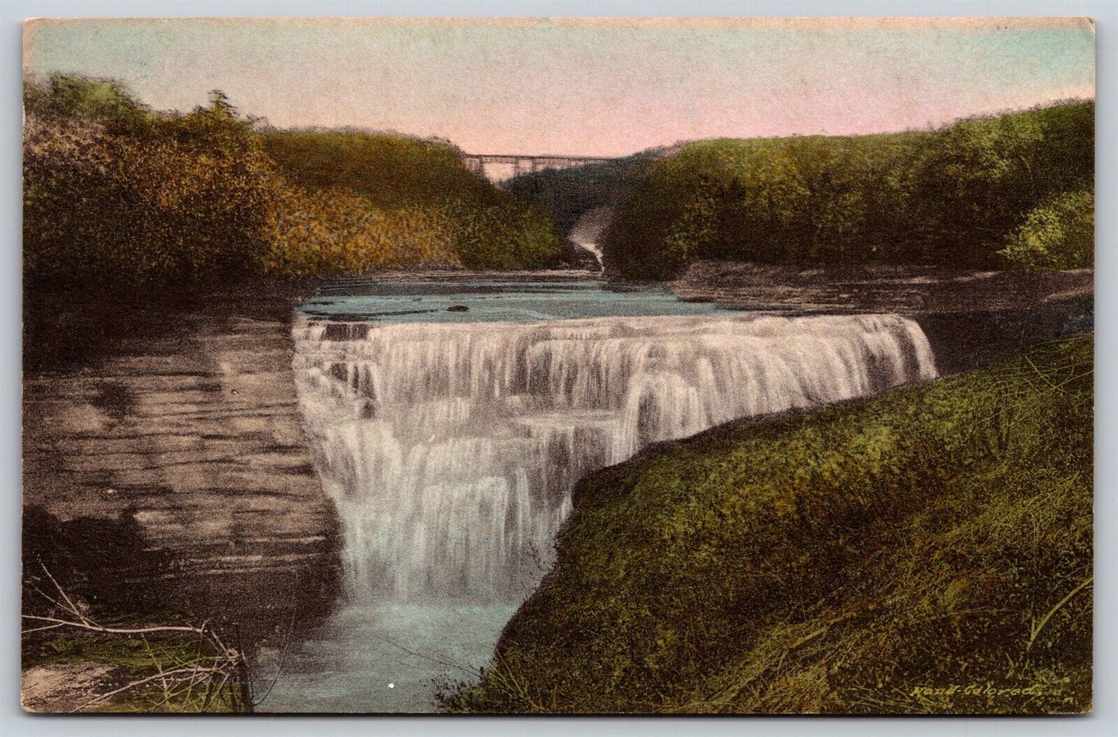 Postcard Middle Falls, Letchworth State Park NY hand-colored A81