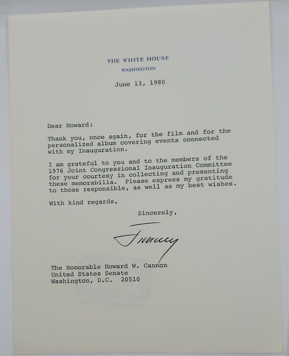 Jimmy Carter Signed White House Letter To Sen Howard Cannon About Inauguration