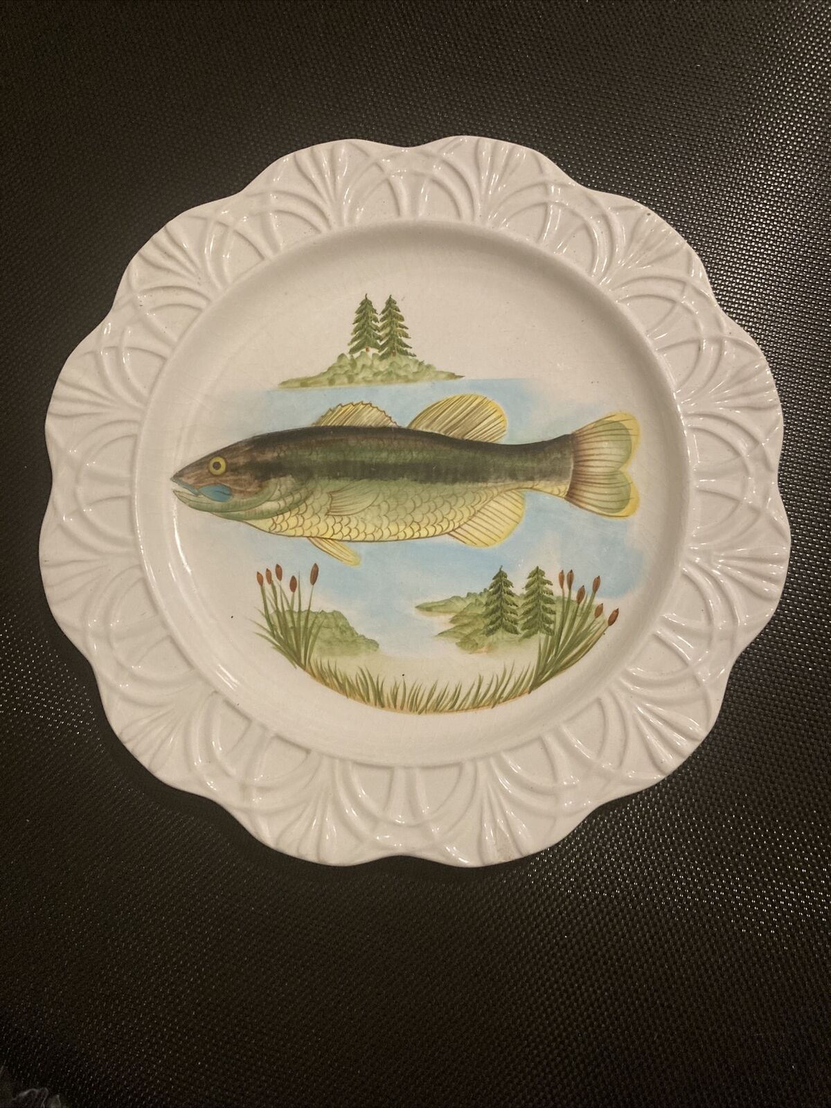 Tam San Plate -Bass- Fish Hand Painted Cattails Pine Trees