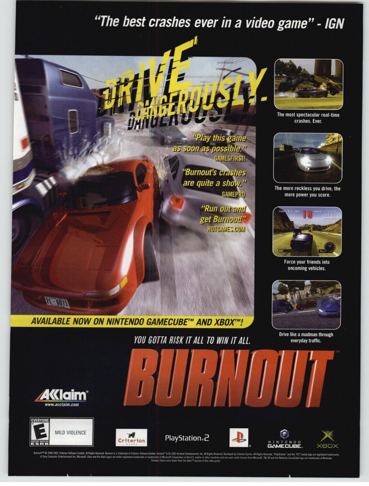 Burnout PS2 Xbox Gamecube 2001 Print Ad/Poster Official Racing Video Game Art