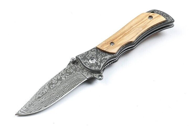 New Laser Damascus 440 Steel Wood Handle Pocket Camping Folding Knife EDC FC173