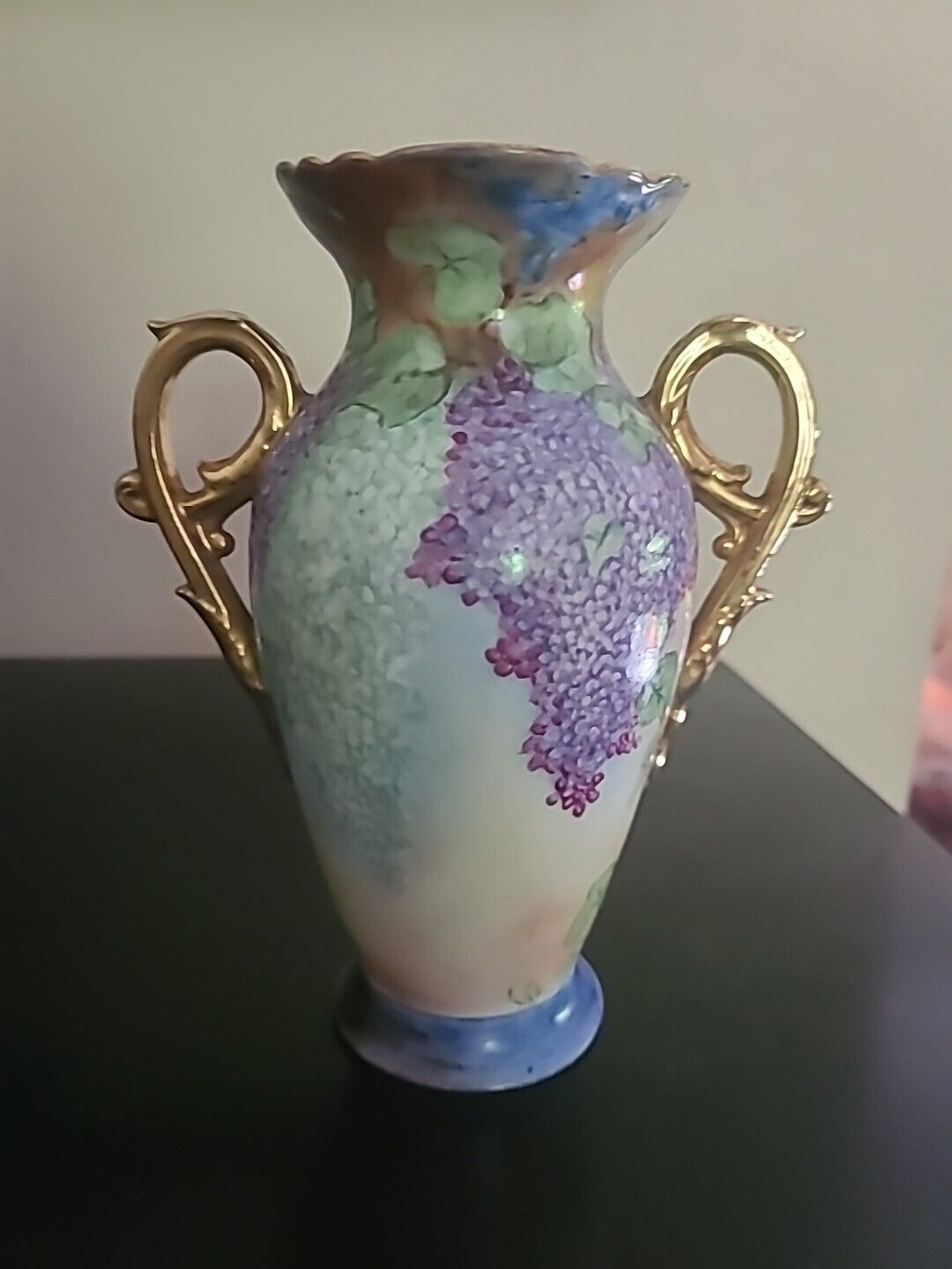 Antique French Porcelain Vase Gilded Numbered Two Gold Handles Purple Wisteria