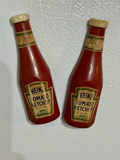 Vintage Pair of Heinz Tomato Ketchup Refrigerator Magnets, Arjon 1982 Hong Kong