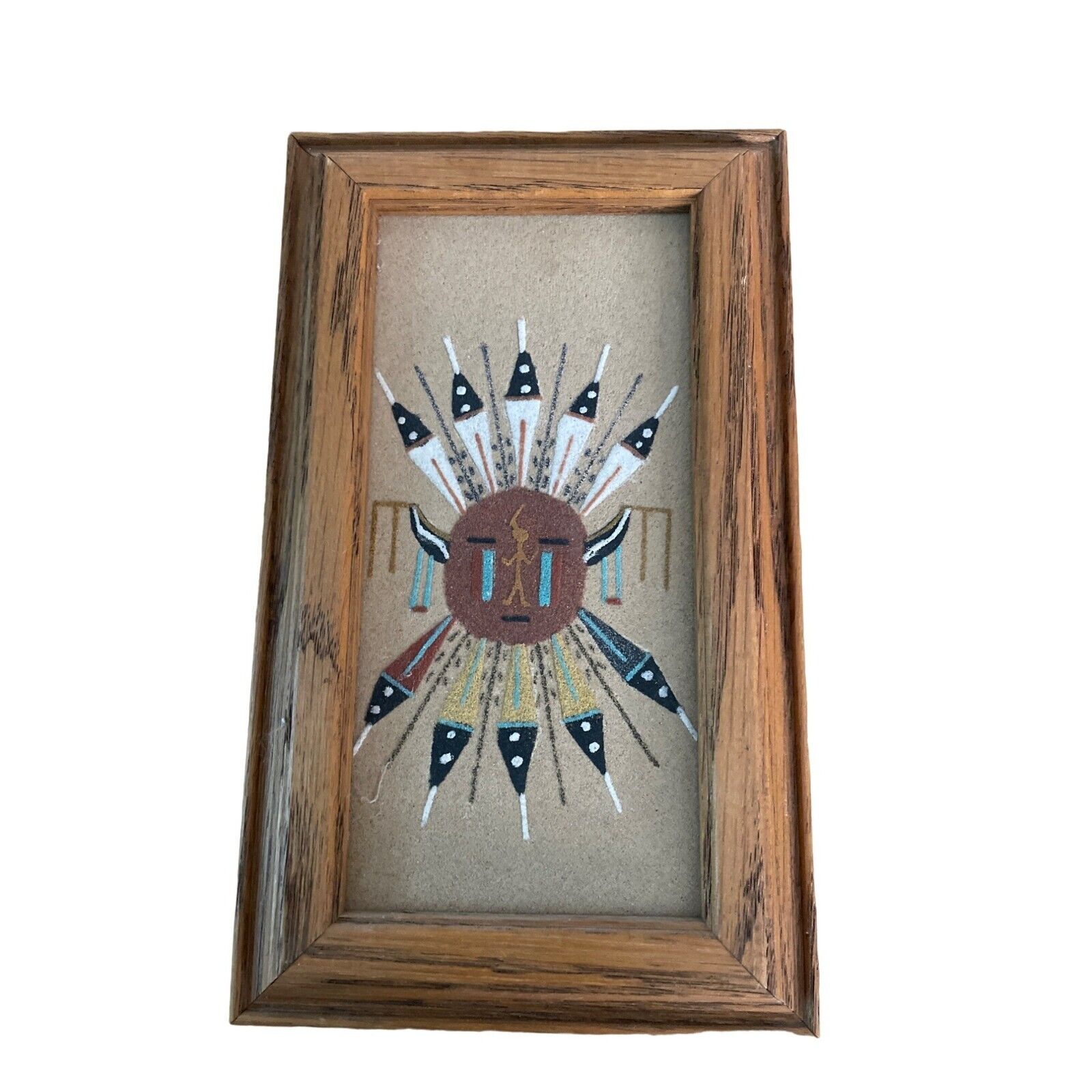 Vintage Native American Navajo Sand Painting Wall Art Wood Framed Signed 7.5x4.5