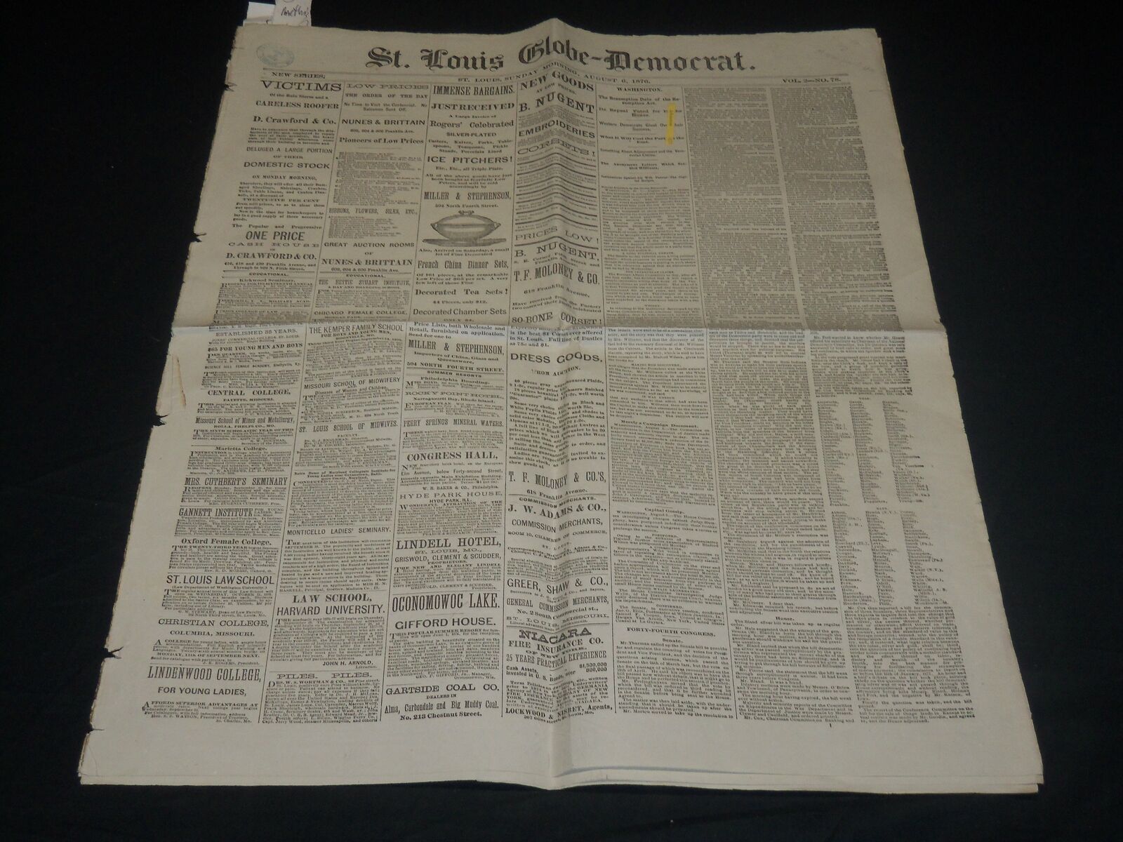 1876 AUGUST 6 ST. LOUIS GLOBE DEMOCRAT NEWSPAPER - BASEBALL - VINEYARD - NP 4828