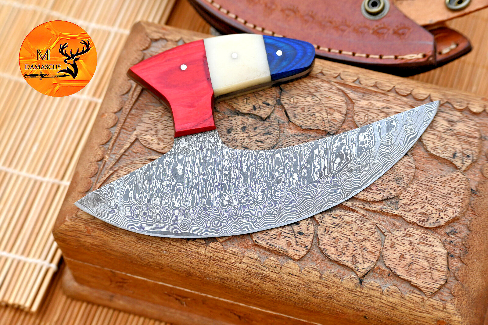 Handmade Alaskan Ulu Knife Chef HAND FORGED Damascus Steel Pizza Cutter 1909